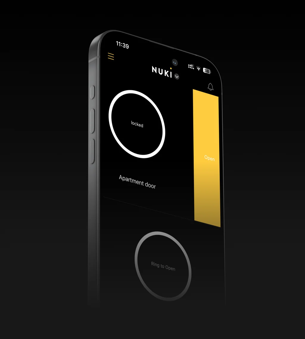 Smartphone screen showing the Nuki app with smart lock status and control options like "Open" and "Ring to Open".