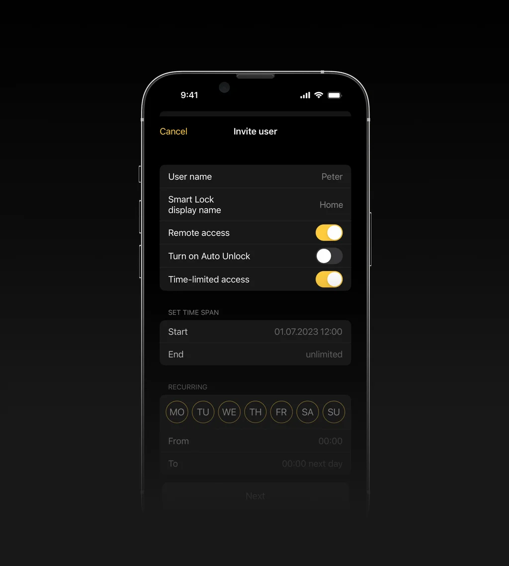 Smartphone screen showing the Nuki app interface for inviting a user and setting access rights and time restrictions.