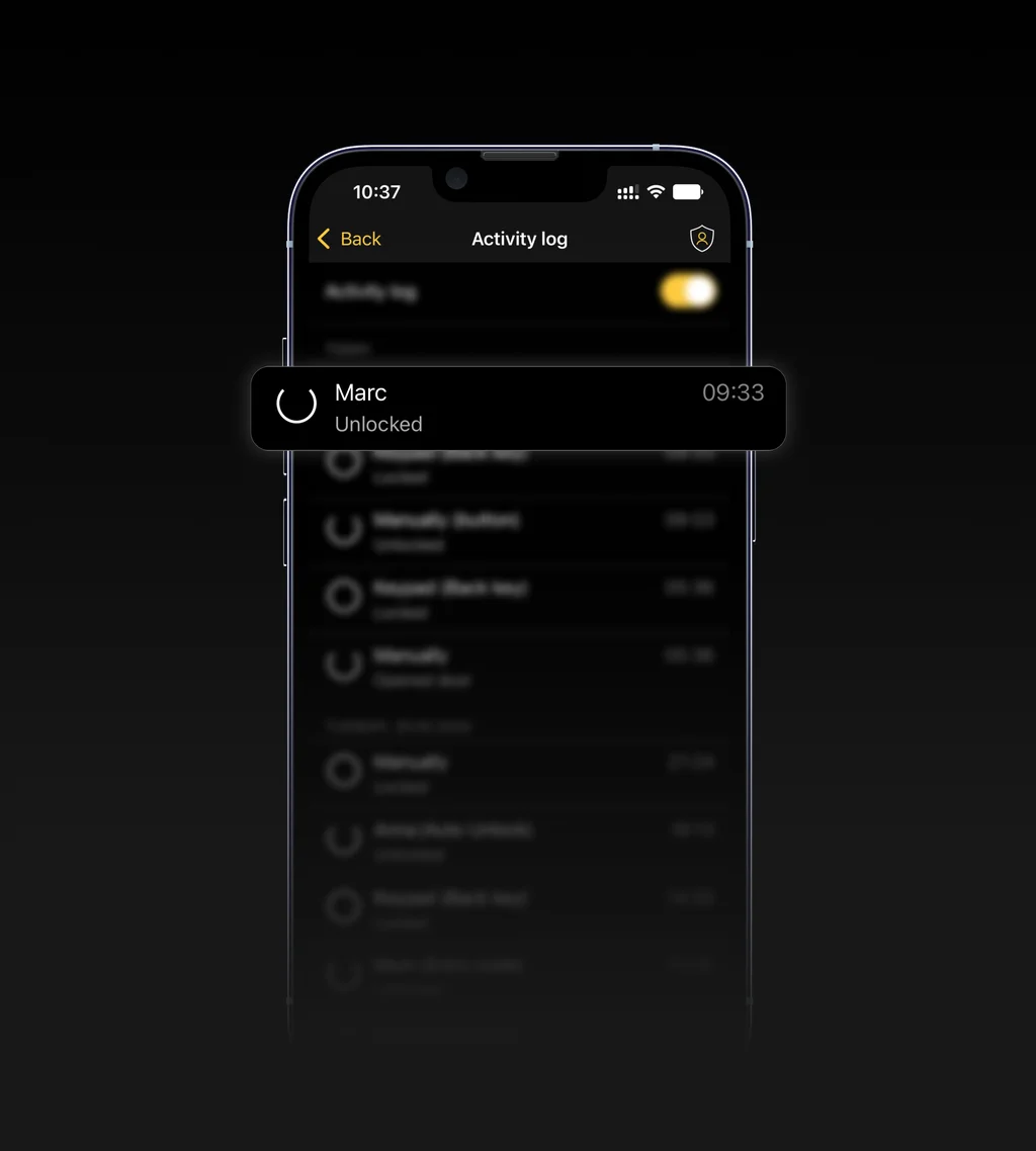 Smartphone screen showing the Nuki app's activity log with a highlighted entry: Marc unlocked the door at 09:33.