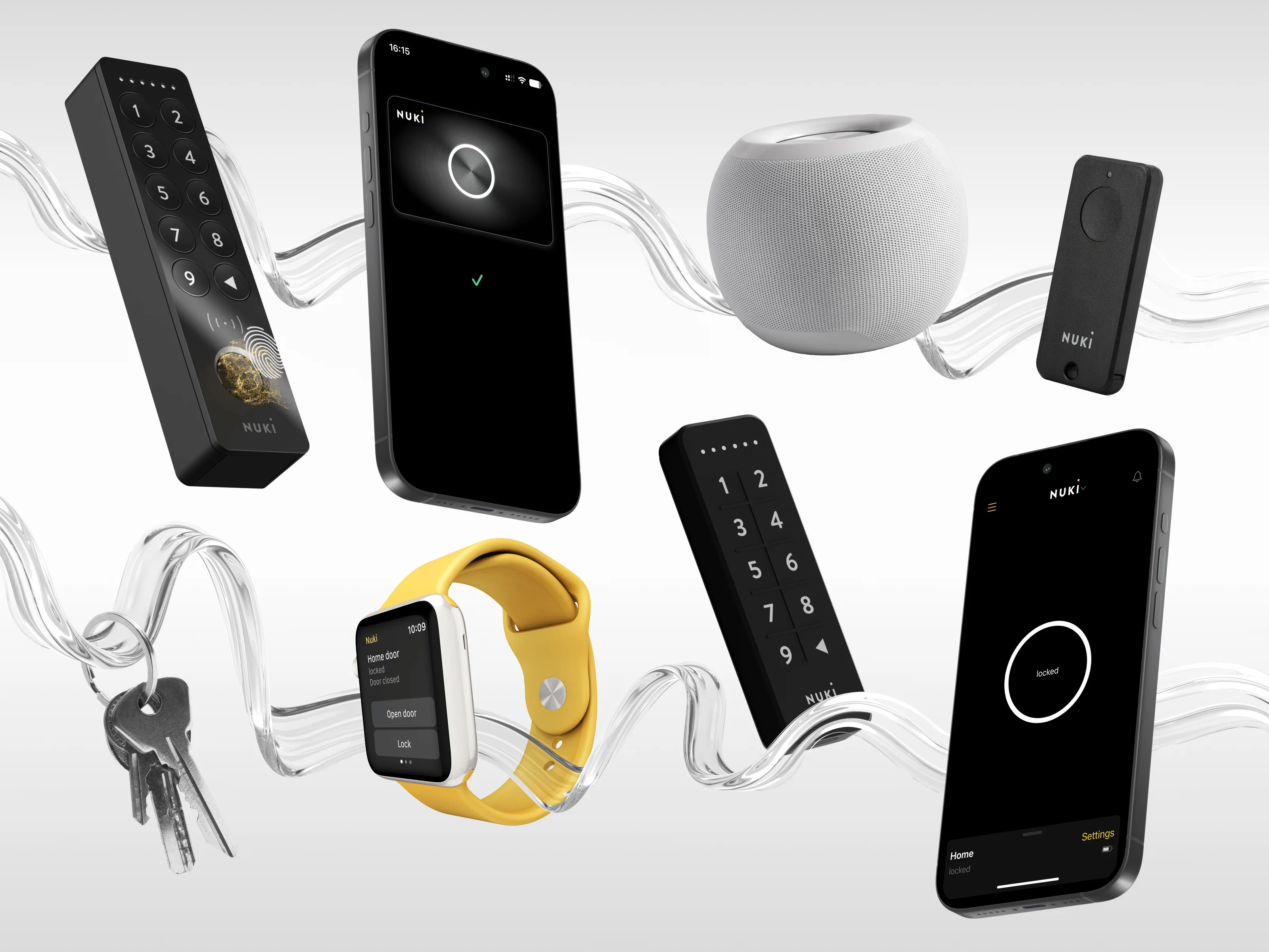 Many ways to open Nuki — fingerprint, code, fob, smartwatch, key.