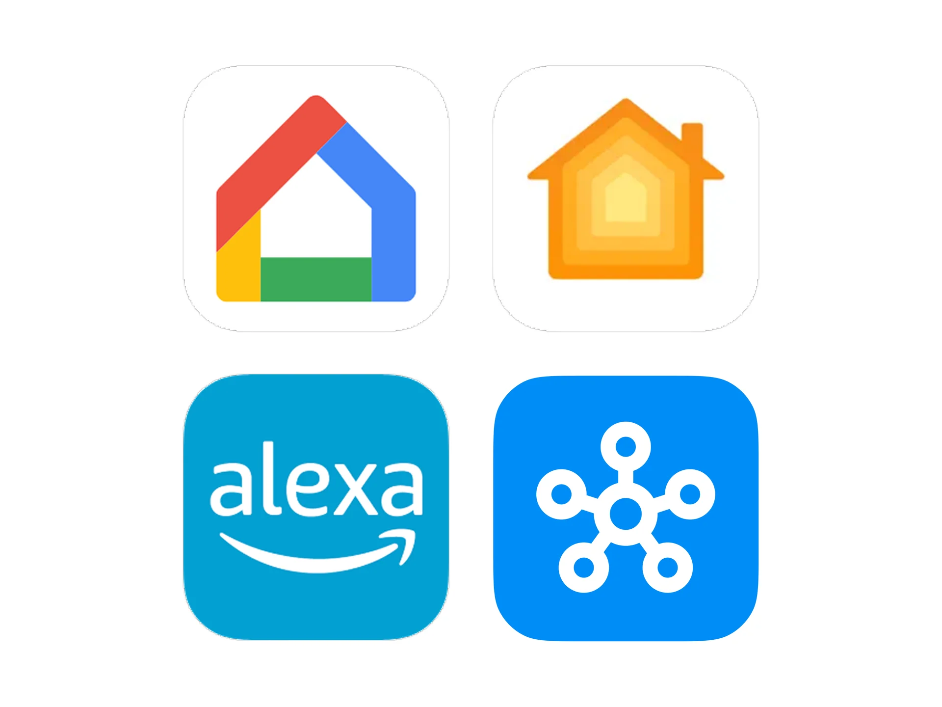 Logos of smart home platforms compatible with Nuki: Google Home, Apple HomeKit, Amazon Alexa and SmartThings.